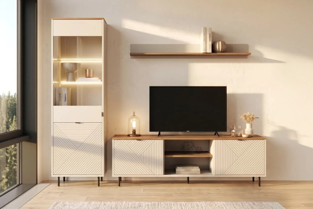 Ściana z tv w salonie inspiracje - meble i dodatki